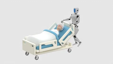Humanoid robot pushes a medical bed with an elderly woman Stock Footage 335329415