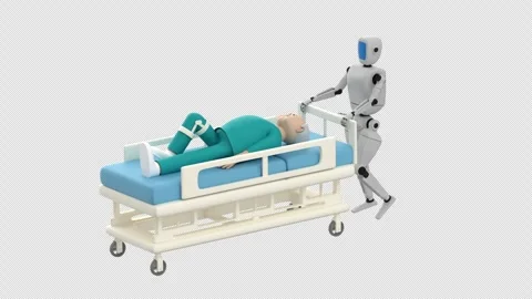 Humanoid robot pushes a medical bed with an elderly man lying on it Stock Footage 335457865
