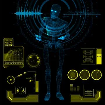 Humanoid Robot in a Questioning Pose with HUD elements Stock Illustration