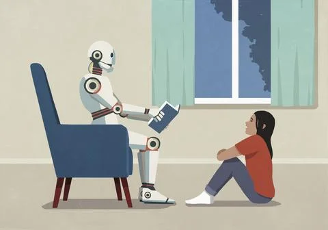 Humanoid robot reading book to girl in living room at home Illustrazione stock