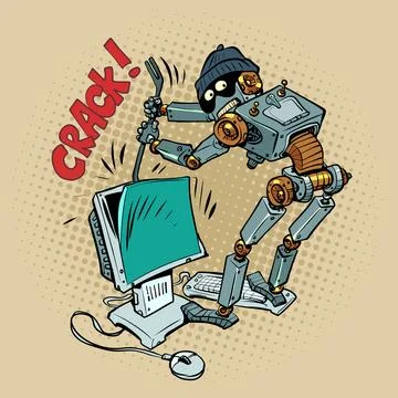 A humanoid robot robber and a thief in a cap hacks into your computer. The Stock Illustration