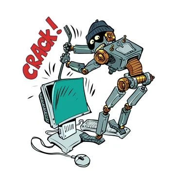 A humanoid robot robber and a thief in a cap hacks into your computer. The イラスト素材