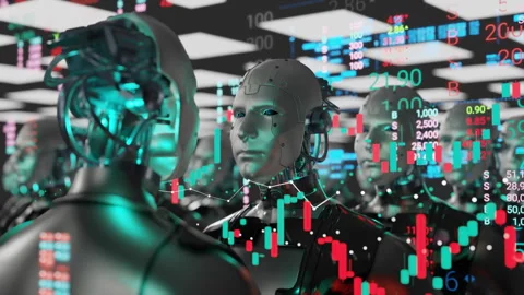 Humanoid robot, robotic technology sector in stock market and graph chart Stock Footage 304196630