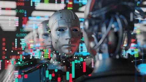 Humanoid robot, robotic technology sector in stock market and graph chart Stock Footage 304196636