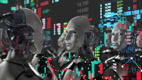 Humanoid robot, robotic technology sector in stock market and graph chart Stock Footage 304196638