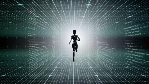 Humanoid robot running in technology grid holographic background. Camera Stock Footage 306487977