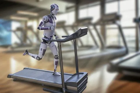 Humanoid robot running on a treadmill, 3D illustration Stock Illustration