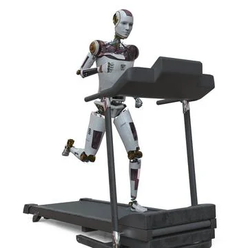 Humanoid robot running on a treadmill, 3D illustration Stock Illustration