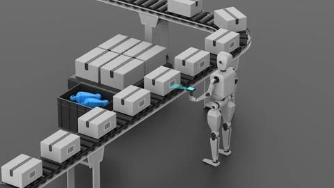 Humanoid robot scanning barcodes on boxes while they are moving on a conveyor Stock Illustration
