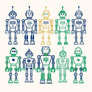 Humanoid Robot Silhouettes Vector: Repeating Patterns for Futuristic Roboti.. Stock Illustration