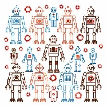 Humanoid Robot Silhouettes Vector: Repeating Patterns for Futuristic Roboti.. Stock Illustration