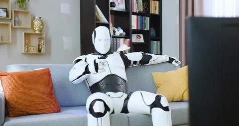 Humanoid robot sitting on comfy couch and holding remote control in hand in Stock Footage 244136471