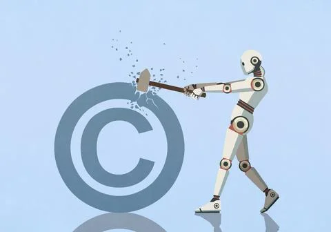 Humanoid robot with sledgehammer breaking large copyright symbol against blue Stock Illustration