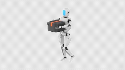 Humanoid robot with smooth, rounded shapes walking while holding a cardboard box Stock Footage 329885964