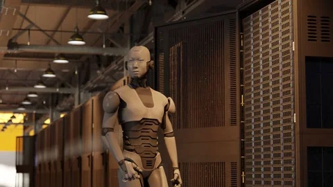 A Humanoid robot standing in data center and yellow lights with server racks Stock Footage 310928775