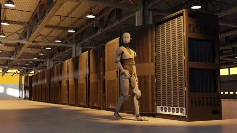 Humanoid robot standing in data center and yellow lights with server racks and Stock Footage 310928888