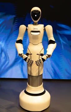 Humanoid robot standing with hands open for interaction 写真素材