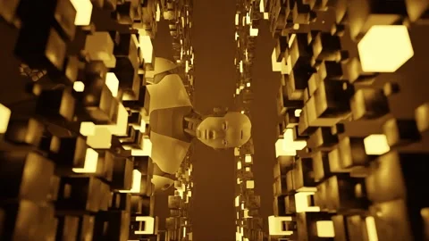 Humanoid robot standing inside a tunnel of glowing yellow cubic structures Stock Footage 308520970