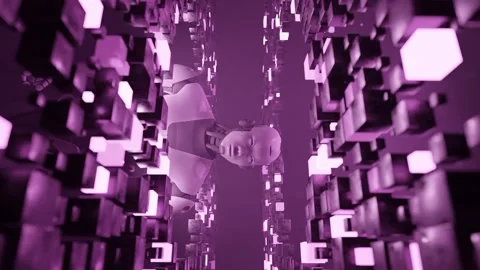 Humanoid robot surrounded by glowing pink digital cubes in futuristic virtual Stock Footage 309111546