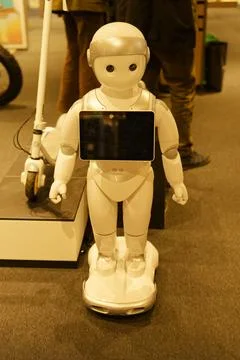 Humanoid robot with tablet interface navigating a modern indoor space while.. Stock Photos