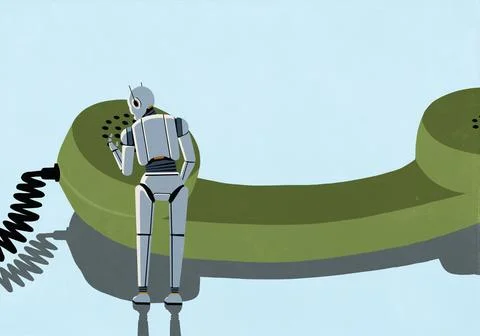 Humanoid robot talking into large green telephone receiver against blue Ilustração Stock