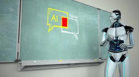 Humanoid Robot Teacher Humanoid robot as AI teacher with the chalk board i... Stock Photos