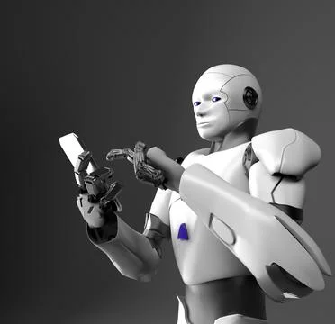 Humanoid robot with telephone,3d render. Illustrazione stock