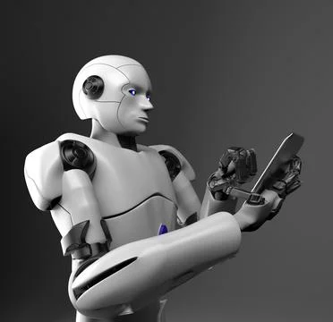 Humanoid robot with telephone,3d render. Illustrazione stock