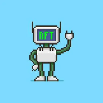 Humanoid robot with text NFT non-fungible token on display Stock-Illustration