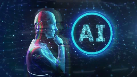 Humanoid Robot Thinking Next To Glowing Blue AI Hologram In Digital Space Vidéo 336011676