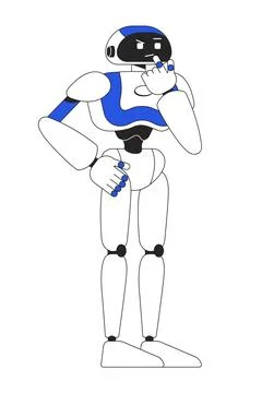 Humanoid robot in thinking pose linear flat color vector character Illustrazione stock