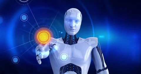 Humanoid robot touching on screen then fingerprint symbols appears Stock Footage 78391027