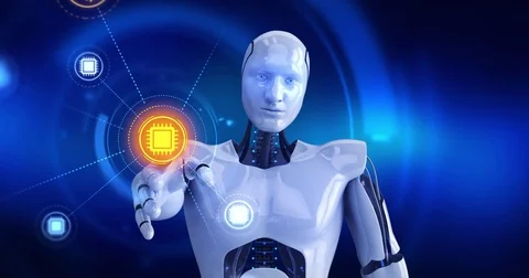 Humanoid robot touching on screen then computer cpu symbols appears Stock Footage 78479183