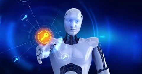 Humanoid robot touching on screen then key symbols appears Stock Footage 78499467