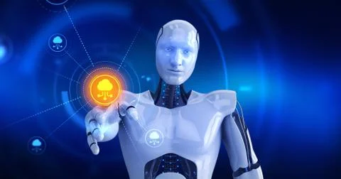 Humanoid robot touching on screen then cloud computing symbols appears イラスト素材