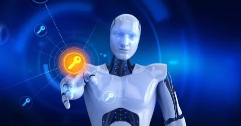 Humanoid robot touching on screen then key symbols appears Illustrazione stock