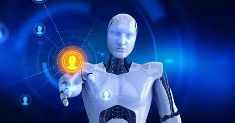 Humanoid robot touching on screen then organization chart symbols appears Stock Illustration