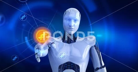 Humanoid robot touching on screen then DNA symbols appears Stock Illustration