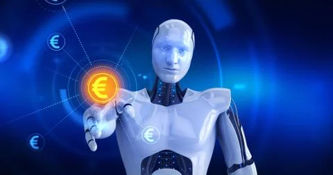 Humanoid robot touching on screen then Euro currency symbols appears Illustrazione stock