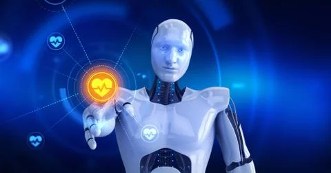 Humanoid robot touching on screen then heart beat symbols appears Stock Illustration