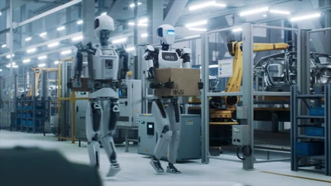 Humanoid Robot Transporting Box at Car Factory Stock Footage 320874596