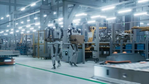 Humanoid Robot Transporting Box at Car Factory Stock Footage 320874654