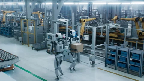 Humanoid Robot Transporting Box at Car Factory Stock Footage 320874672