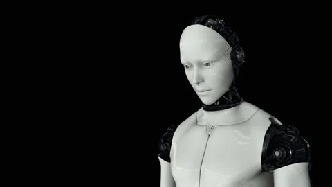 Humanoid robot turns on and raises its head. The camera takes a medium shot. On 스톡 동영상 134069604