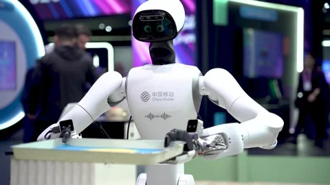 Humanoid robot waiter serving food in the restaurant of the future, concept of Video stock 330460933