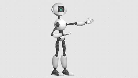 A humanoid robot walking and points with his hands to something. Vídeos de archivo 142876399