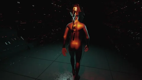 Humanoid robot walking confidently in a space ship Stock Footage 234123336