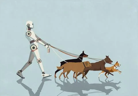 Humanoid robot walking dogs on leashes against blue background Stock Illustration