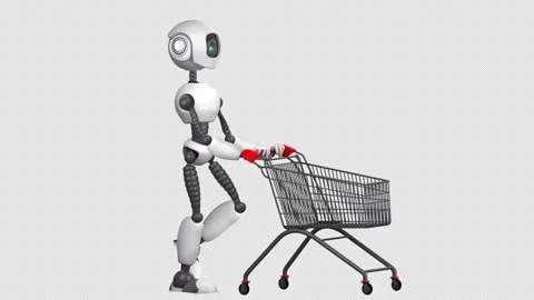 A humanoid robot walking with a shopping trolley.2D animation. Alpha channel Vídeos de archivo 142876867