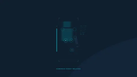 Humanoid Robot Walking Simulation on a Dark Blue Background with Glowing Da.. 動画素材 347352811